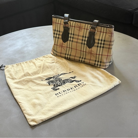 Burberry Handbags - Burberry Haymarket Check Tote with Black Leather Handles